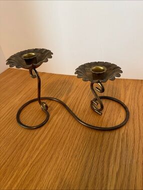 Brass-Tone Double Flower Candle Holder - Antique Brass Finish